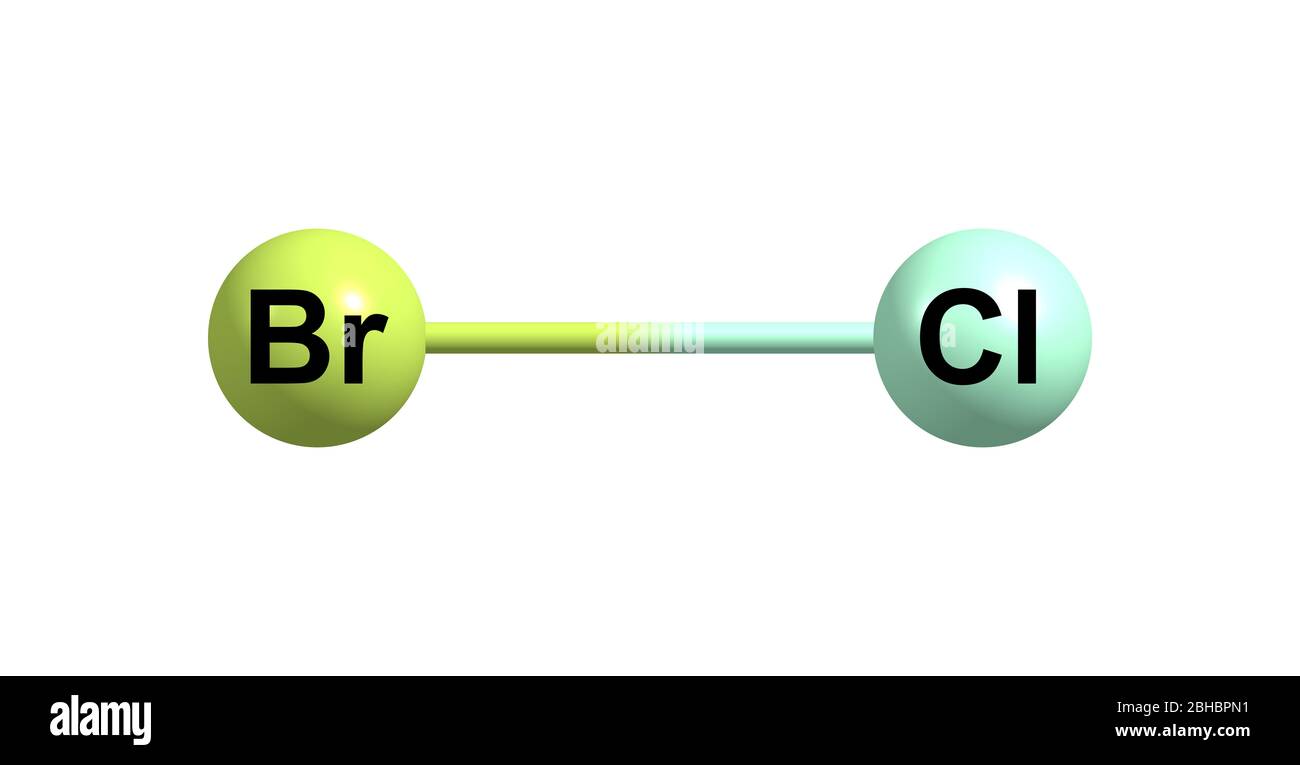 Le monochlorure de brome ou le bromochlorure est un composé inorganique interhalogène dont la formule chimique est BrCl. illustration tridimensionnelle Banque D'Images