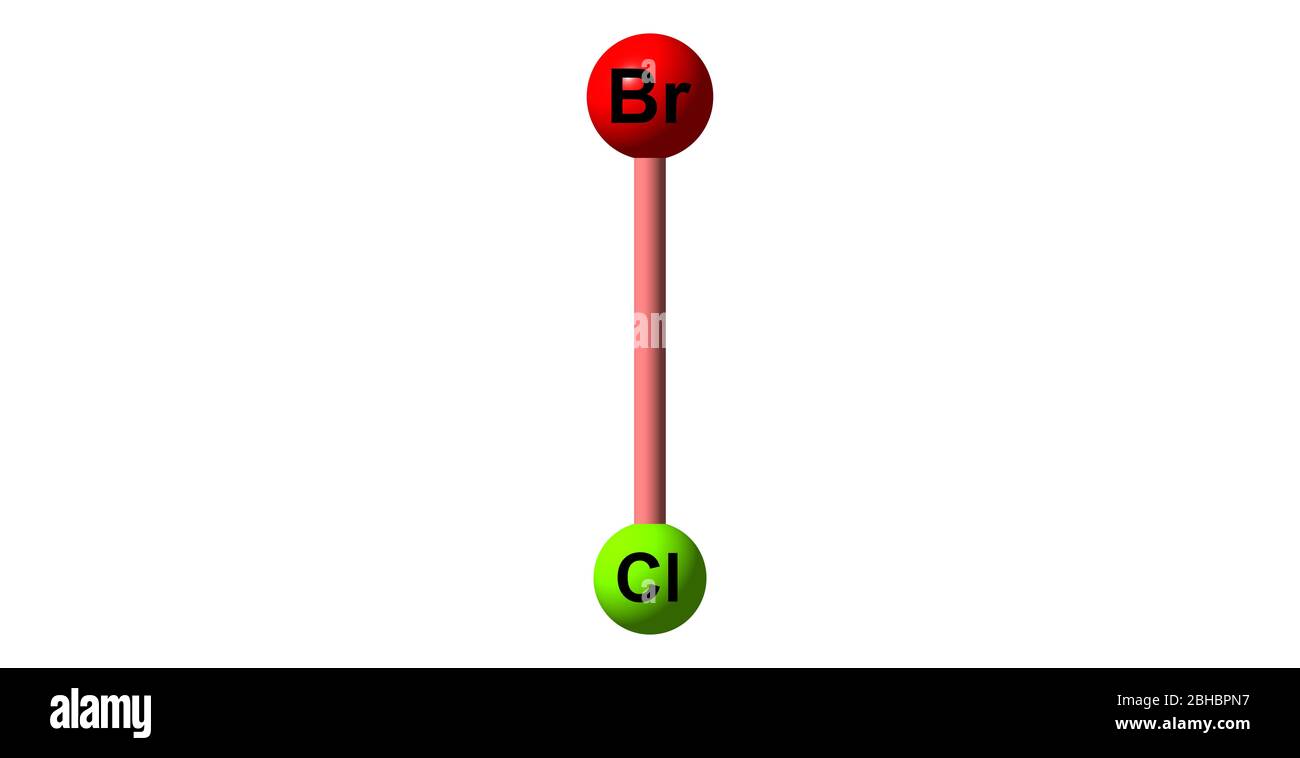 Le monochlorure de brome ou le bromochlorure est un composé inorganique interhalogène dont la formule chimique est BrCl. illustration tridimensionnelle Banque D'Images