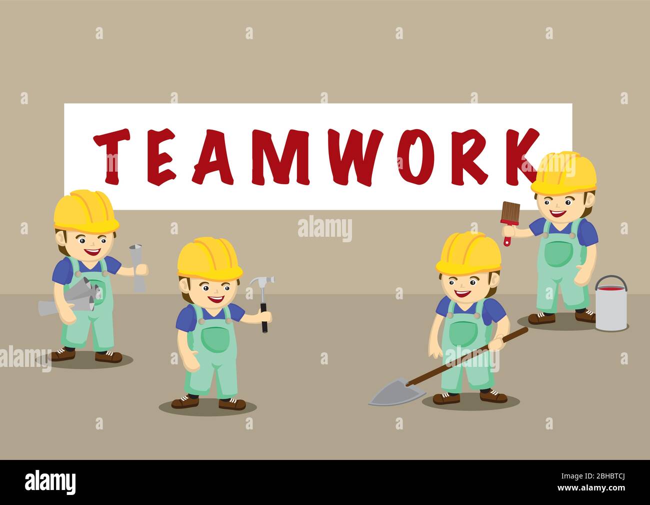 Une équipe de personnages heureux de travailleurs portant un casque jaune et des vêtements de travail d'ensemble tenant différents outils de travail sous la bannière travail d'équipe. Illustration de Vecteur