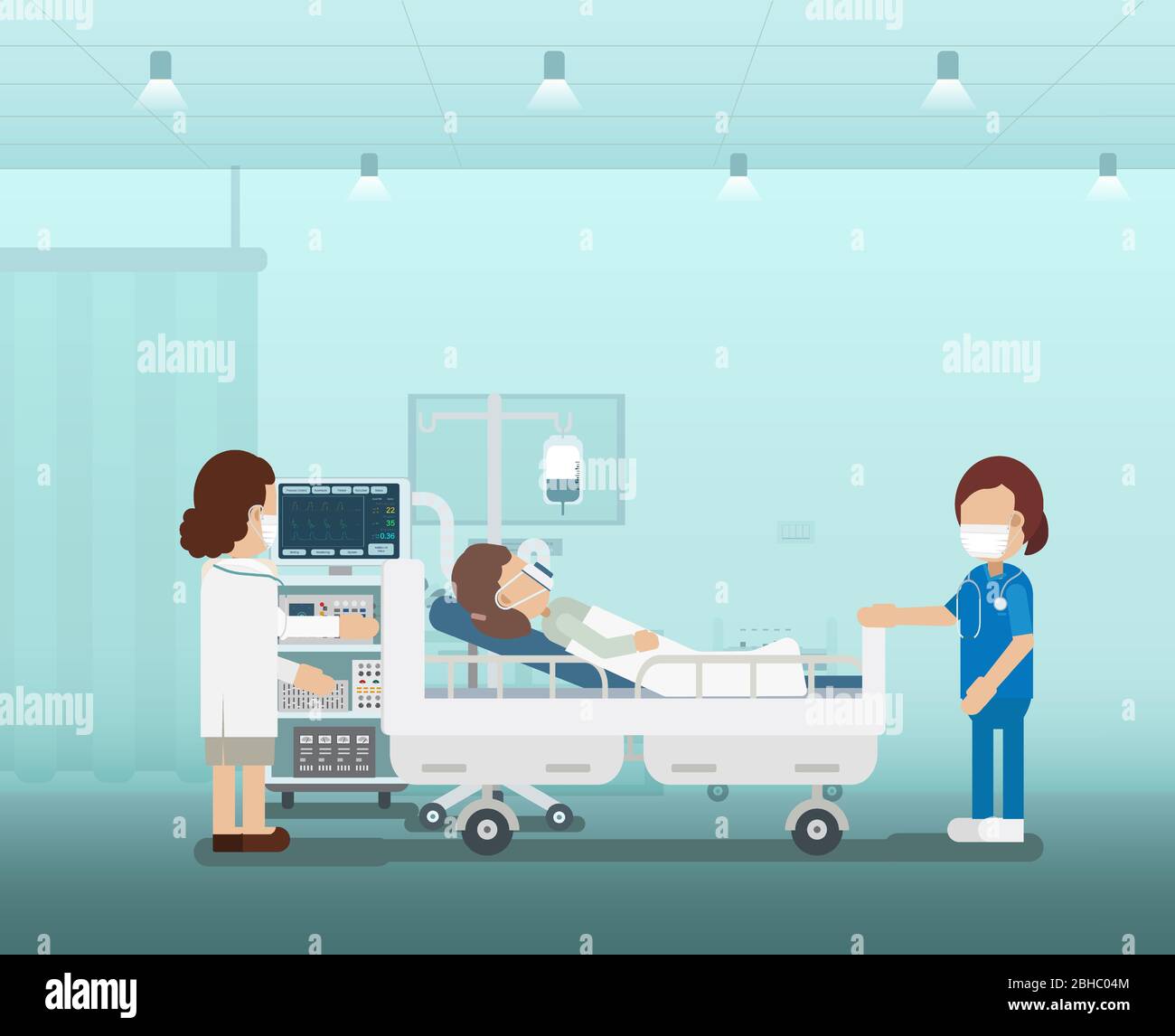 Concept de service médical avec illustration vectorielle de conception plate du patient et du ventilateur Illustration de Vecteur