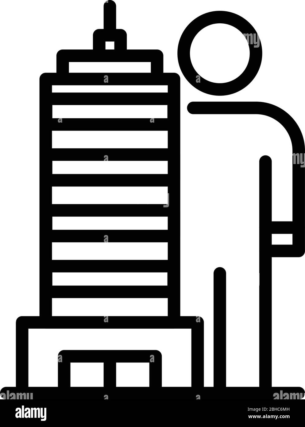 Grand bâtiment et icône homme, style de contour Illustration de Vecteur