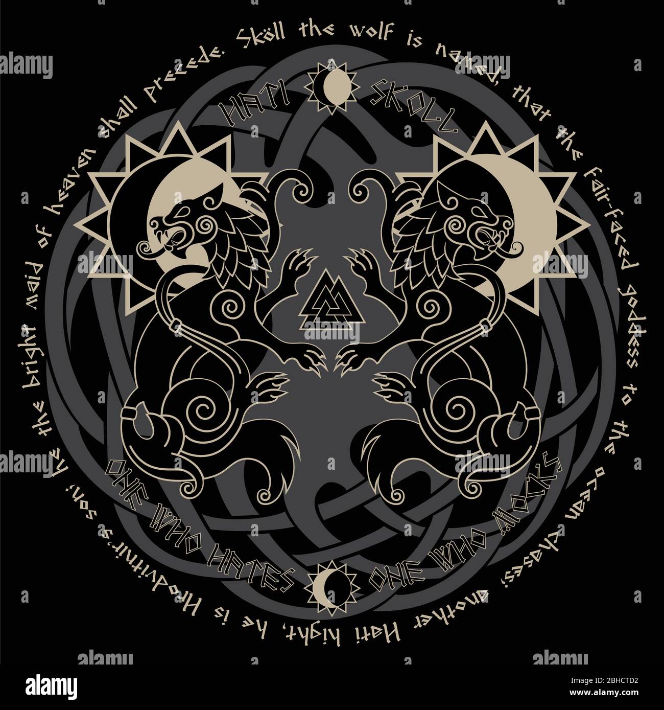 Deux loups de la mythologie norse, Hati et Skoll devour le Soleil et la Lune Illustration de Vecteur