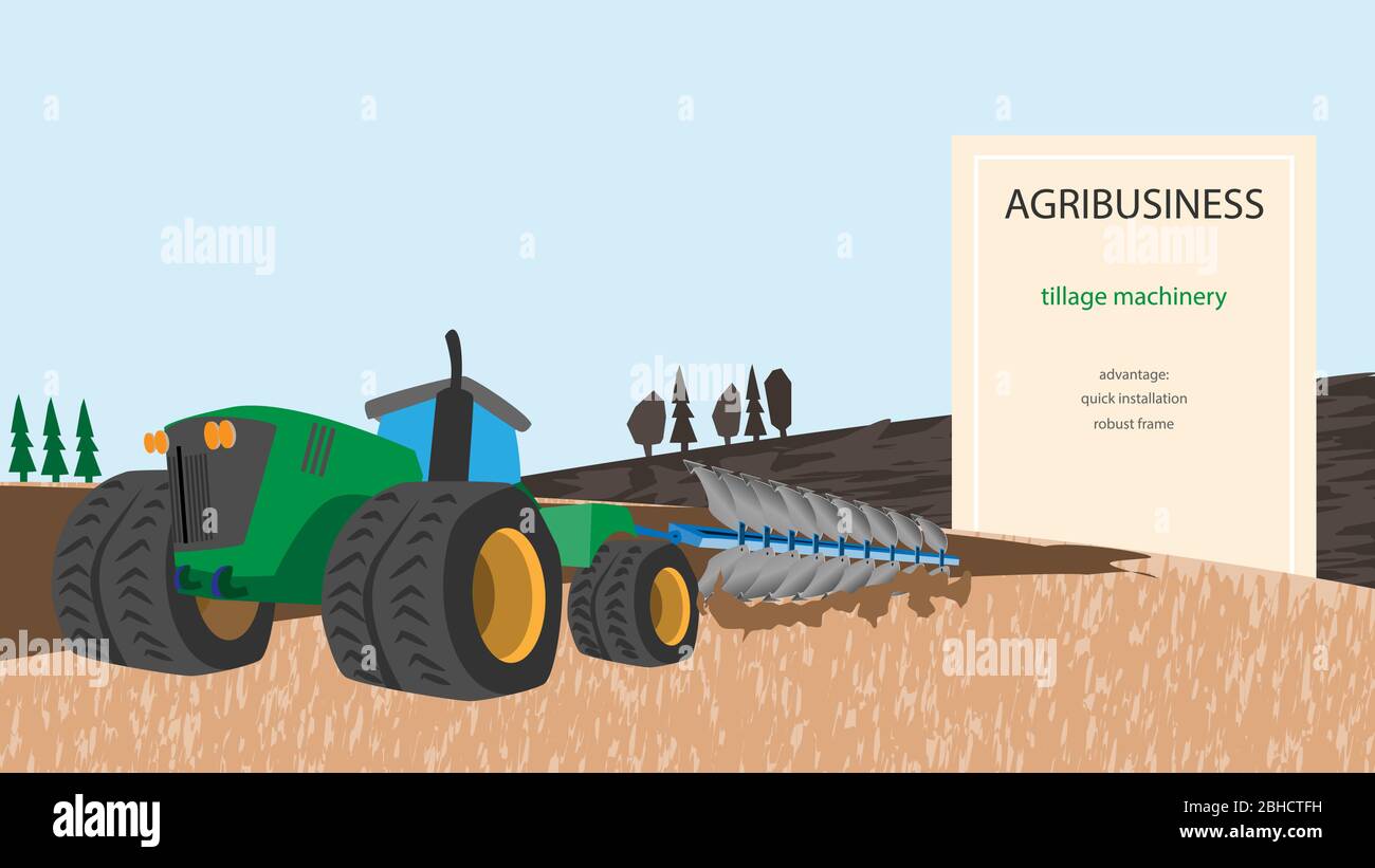 Tracteur avec charrue. Illustration pour l'agroalimentaire et les entreprises associées à la technologie agricole. Illustration de Vecteur