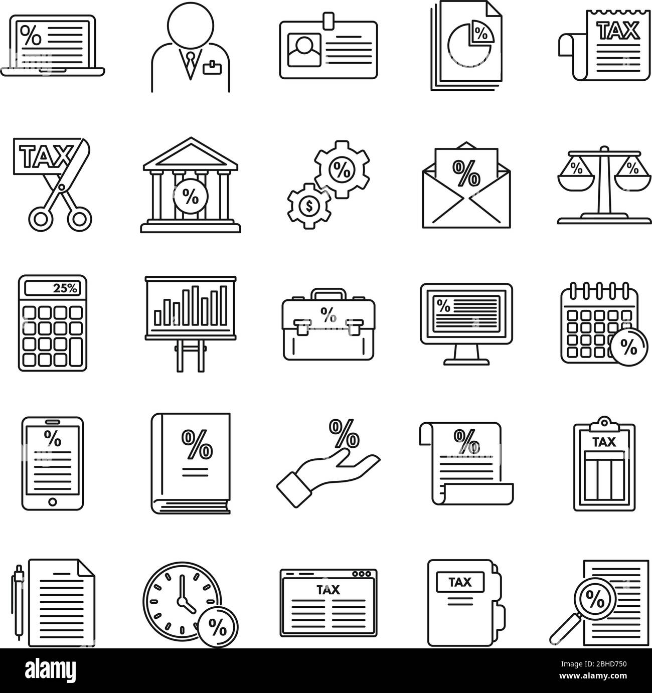 Les icônes de réglementation fiscale de l'État sont définies. Ensemble de contours d'icônes vectorielles de régulation de la taxe d'état pour la conception de sites Web isolés sur fond blanc Illustration de Vecteur