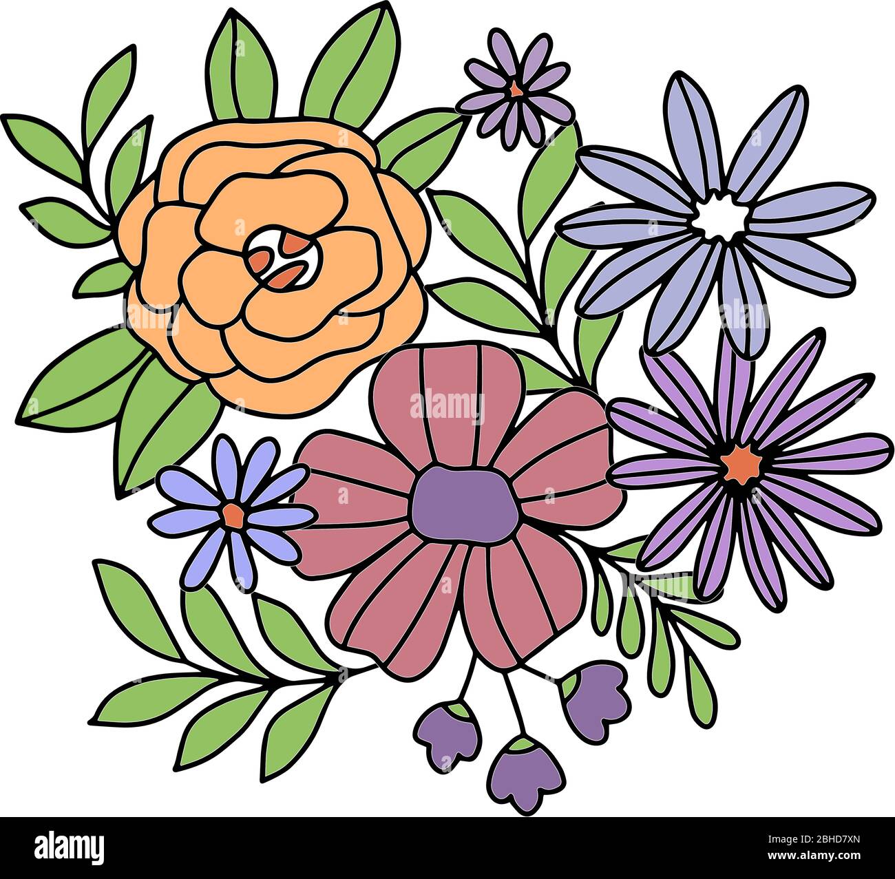 Ensemble de fleurs sur fond blanc dans des graphiques vectoriels, pour la conception de cartes postales, affiches, couvertures de carnets Illustration de Vecteur