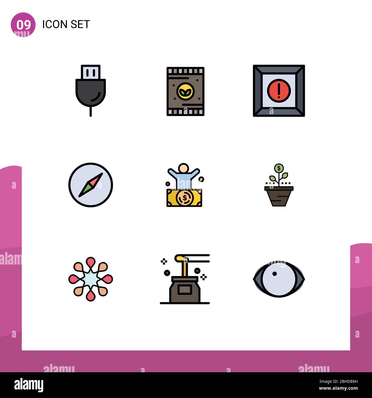 9 interface utilisateur Filledline Flat Color Pack de signes et symboles modernes de millionnaire, milliardaire, sol, navigation, instagram Editable Vector Desig Illustration de Vecteur