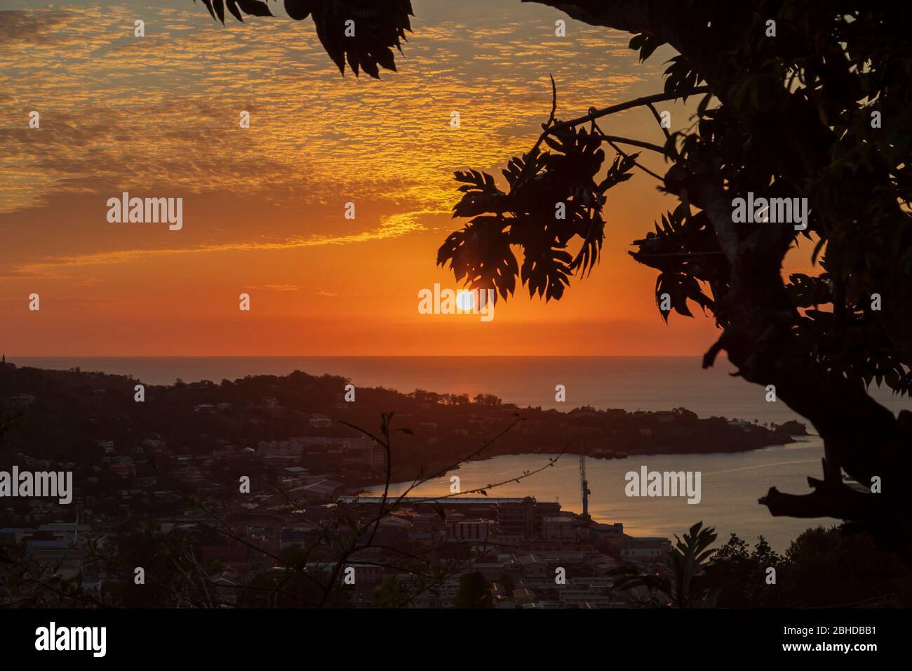 magnifique photographie de coucher de soleil à couper le souffle montrant un port silhouettes d'arbres le soleil lumineux le ciel orange et bleu et le paysage naturel sombre Banque D'Images