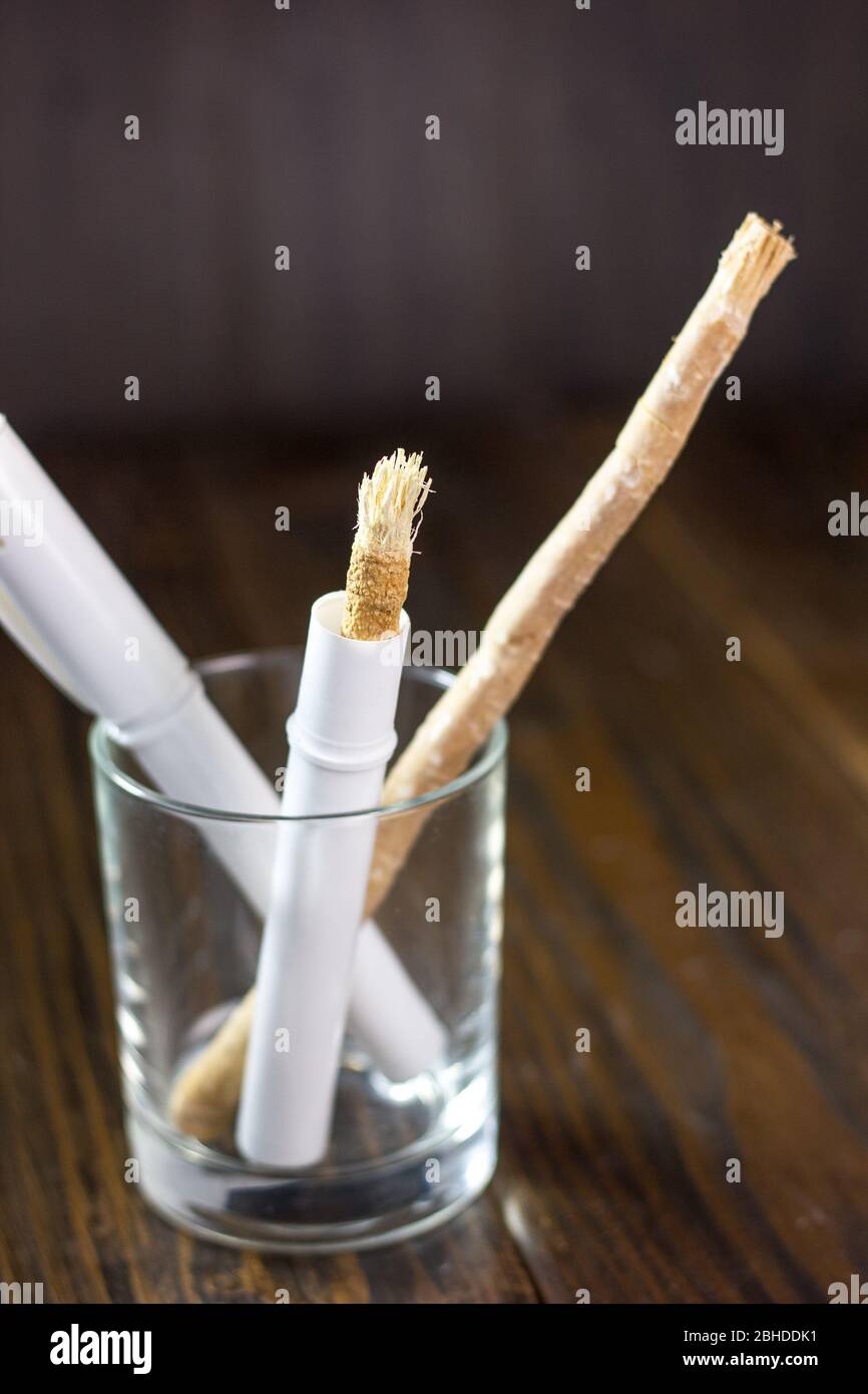 Miswak ou siwak dans un verre. Superbe photo pour vos besoins. Banque D'Images