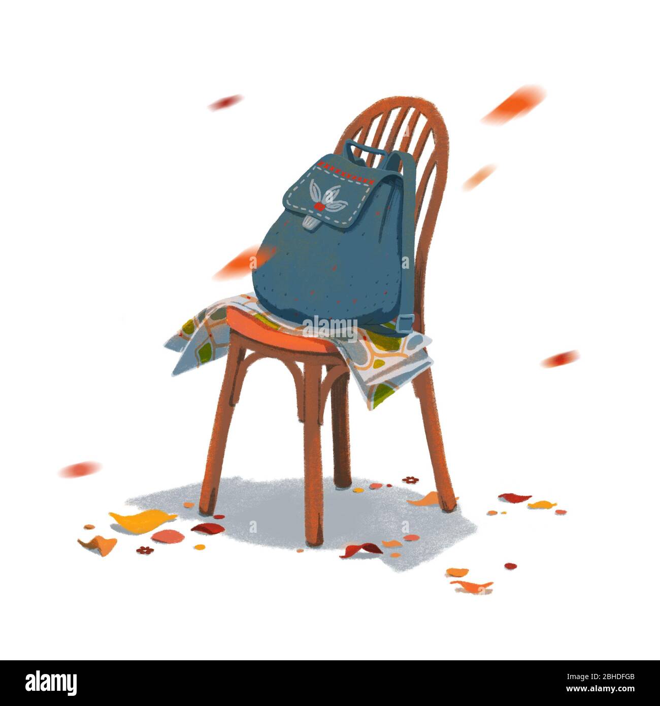 Sac à dos bleu femail sur une chaise sous la chute des feuilles d'automne.  Illustration colorée Photo Stock - Alamy