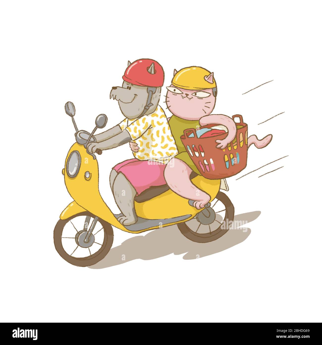 Deux chats de dessin animé qui s'équestres sur un vélo avec casques et panier à linge. Banque D'Images