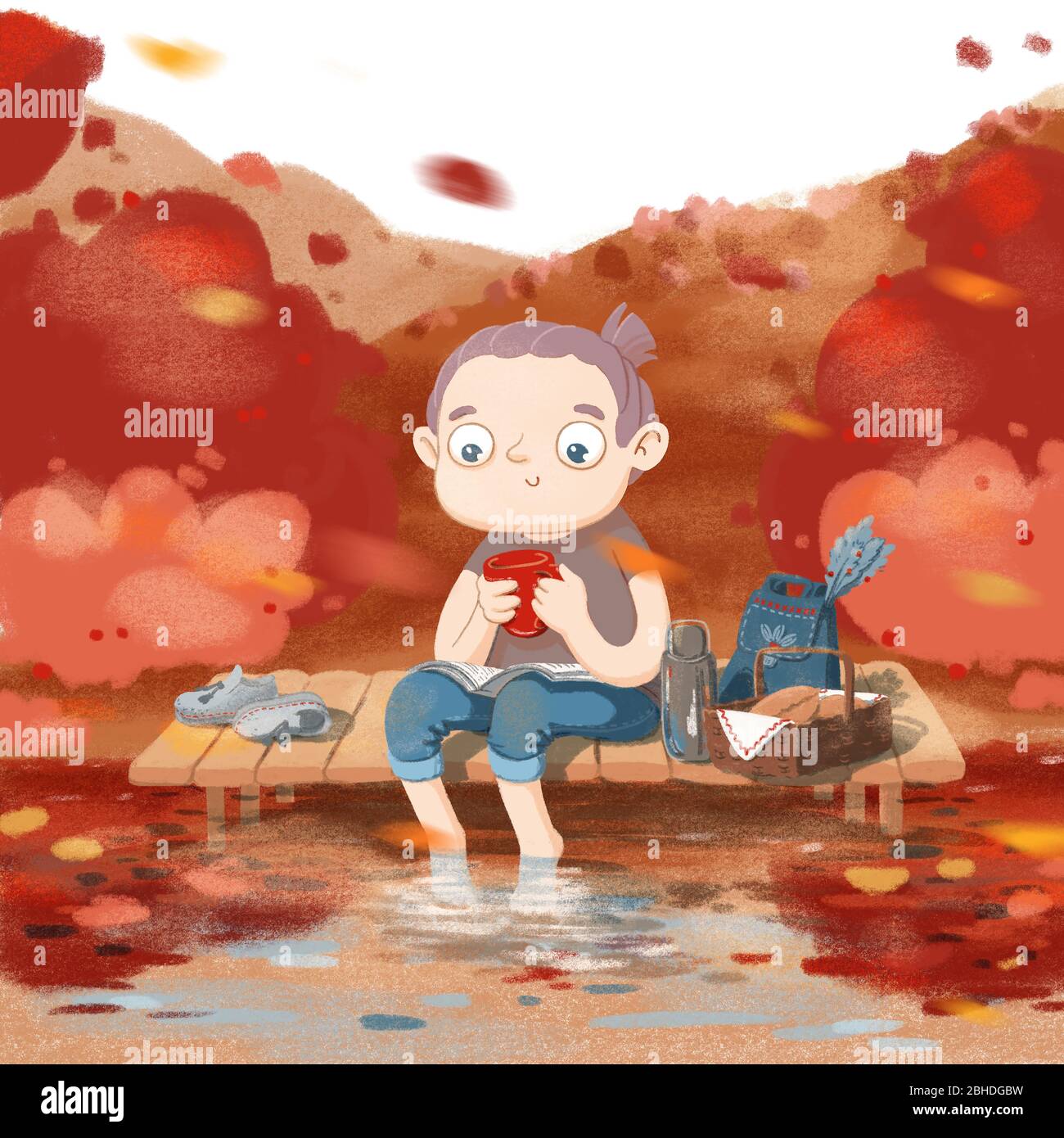 Petite fille de dessin animé entourée de forêt d'automne assise sur la jetée avec des pieds dans l'eau et tenant smartphone. Banque D'Images