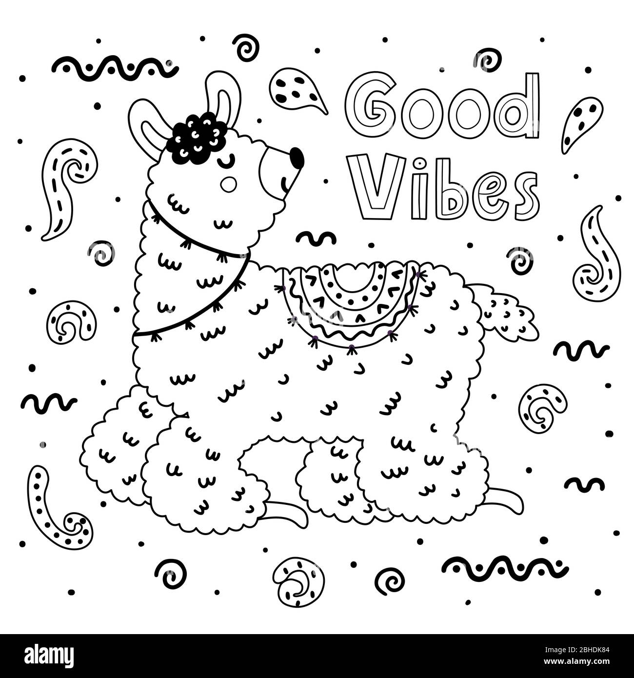 Page de coloriage avec mignonne lama. Impression en noir et blanc Illustration de Vecteur