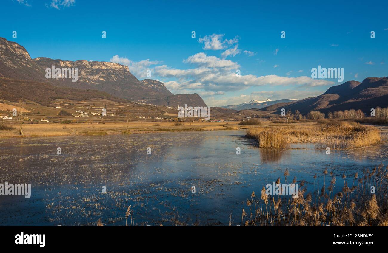 Lac Caldaro sur la route des vins du Tyrol du Sud près de Bolzano, Italie, Europe. Paysage d'hiver lac Caldaro Banque D'Images