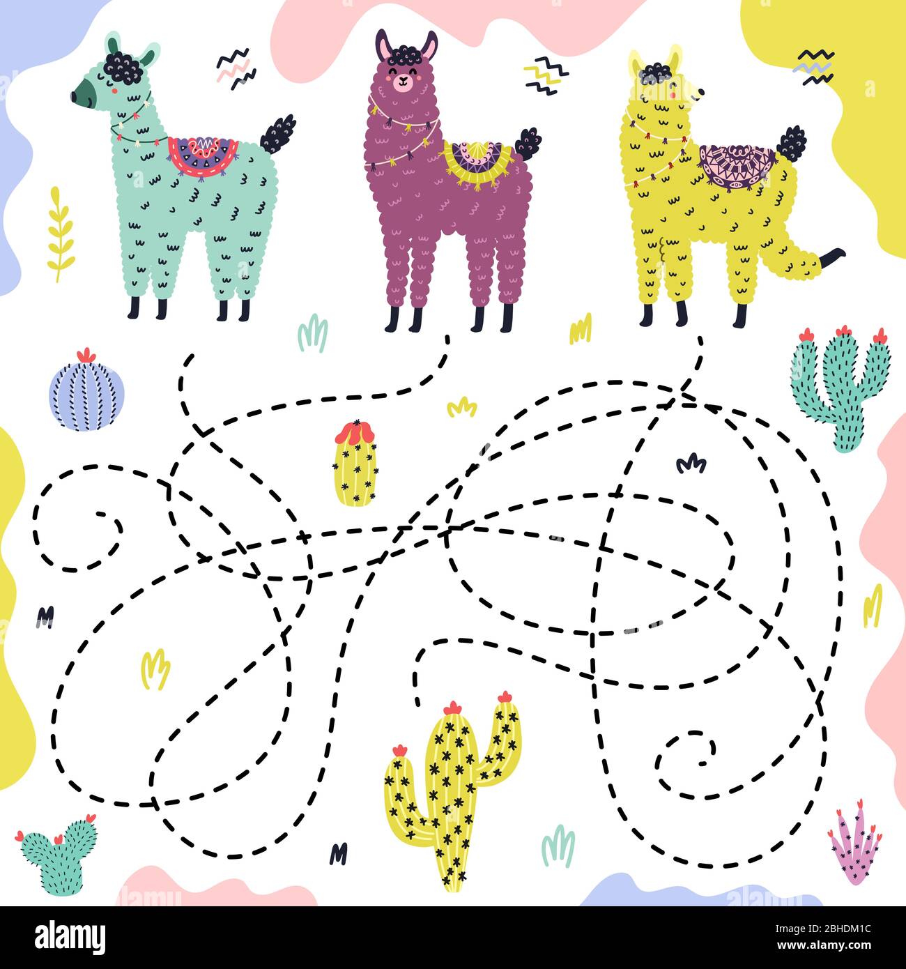 Devinez quel lama va au cactus. Jeu de labyrinthe avec des alpacas drôles pour les enfants Illustration de Vecteur