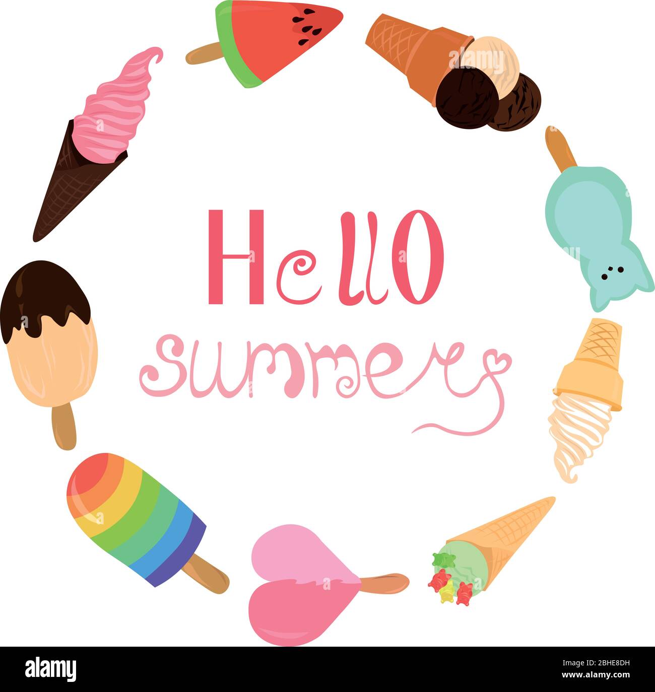 Bonjour, l'été. Glace et glace aux fruits pour le dessert. Conception de menus, de dépliants et de cartes postales. Un traitement froid sur une journée chaude est un repos pour l'âme. Illustration de Vecteur