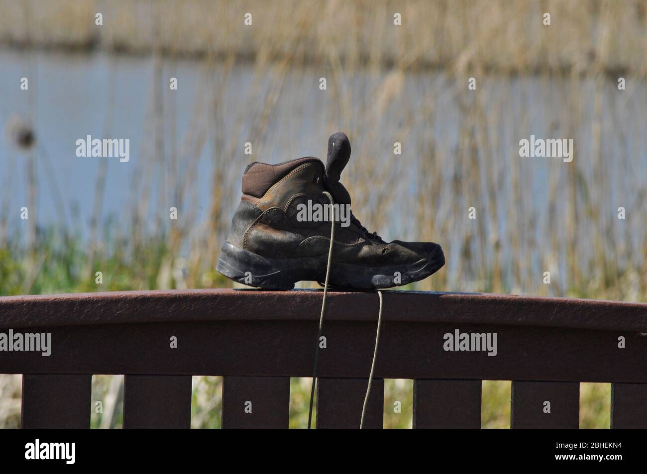 Démarrage perdu. Une seule chaussure de marche à l'arrière d'un siège donnant sur les marais au niveau du Somerset. Somerset. ROYAUME-UNI Banque D'Images