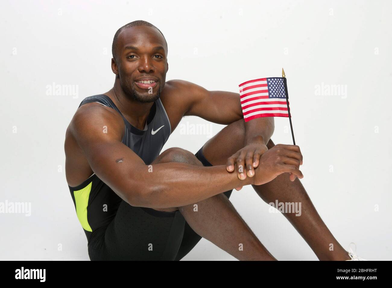 Le sprinter Lashawn Merritt pose au Team USA Media Summit à Dallas, Texas, avant les Jeux Olympiques de Londres en 2012. 14 mai 2012 ©Bob Daemmrich Banque D'Images