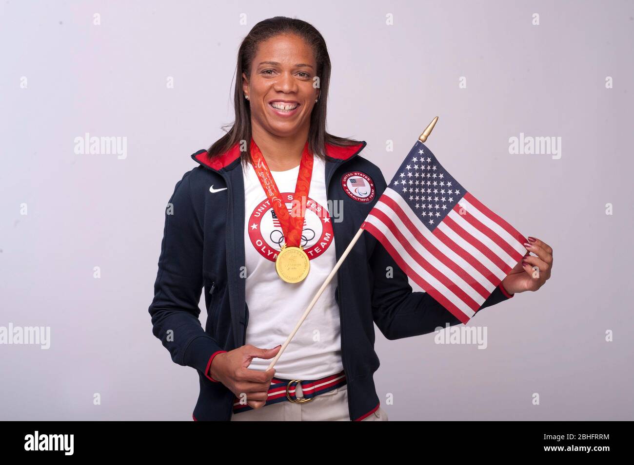 Le sprinter paralympique April Holmes pose lors du Sommet des médias de l'équipe des États-Unis à Dallas, au Texas, avant les Jeux olympiques de Londres de 2012. 14 mai 2012 ©Bob Daemmrich Banque D'Images