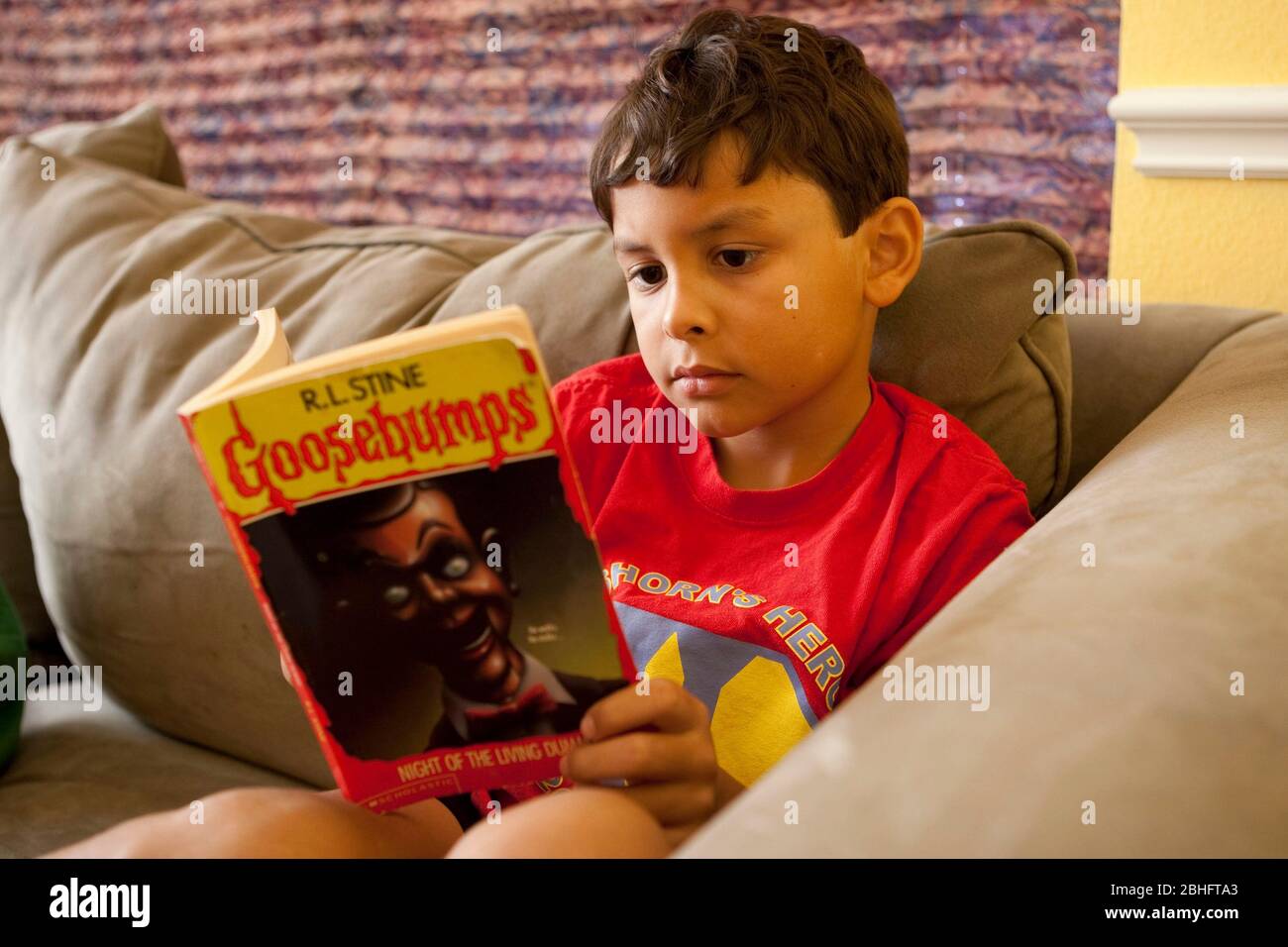 Austin Texas USA, 2012: Un garçon mexicain-américain de 8 ans lit le livre tout en se relaxant à sa maison. ©Marjorie Kamys Cotera/Daemmrich Photographie Banque D'Images