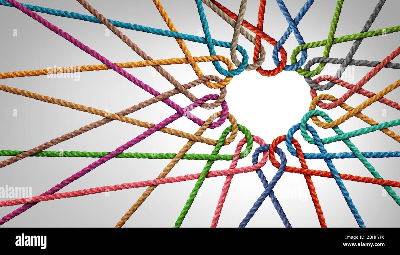 L'unité et l'amour du partenariat comme cordes façonnées comme un coeur dans un groupe de cordes diverses reliées ensemble façonnées comme un symbole de soutien exprimant. Banque D'Images
