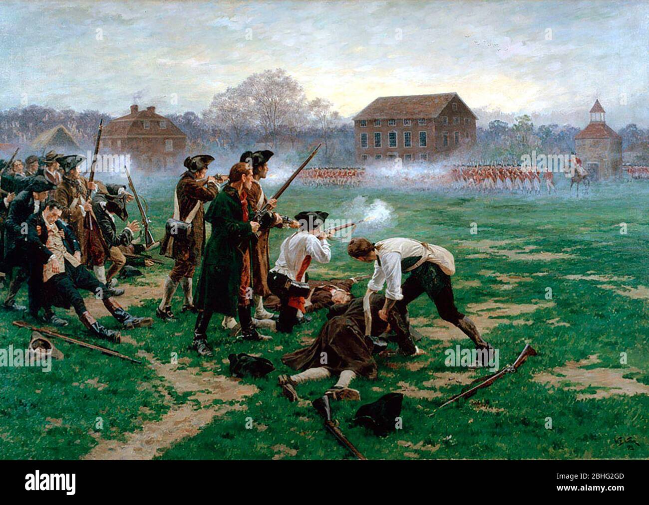 La bataille de Lexington, 19 avril 1775, huile sur toile de William Barns Wollen, 1910. Banque D'Images