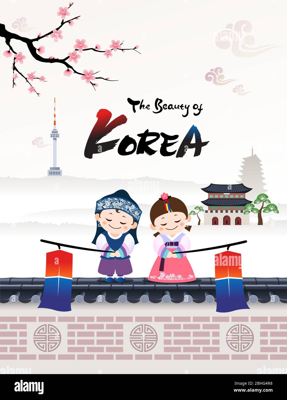 La belle de Corée. Un personnage de couple enfant en costume traditionnel coréen de hanbok accueille une visite en Corée. Illustration de Vecteur