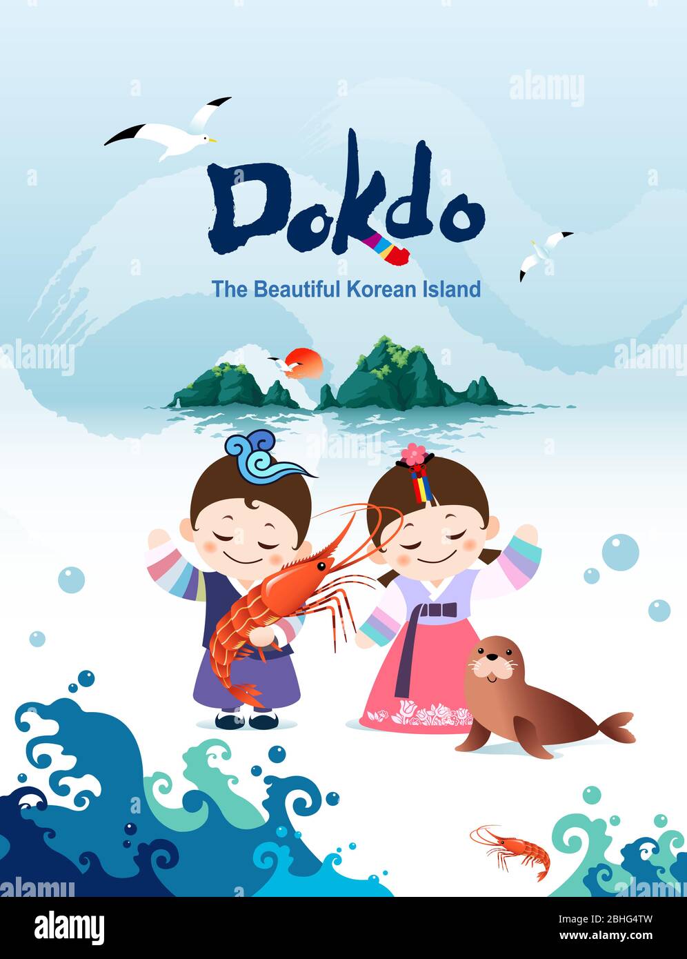 Belle île coréenne, crevettes et phoques de Dokdo. Les personnages traditionnels coréens de couple pour enfants de hanbok sont les bienvenus pour visiter la Corée. Illustration de Vecteur