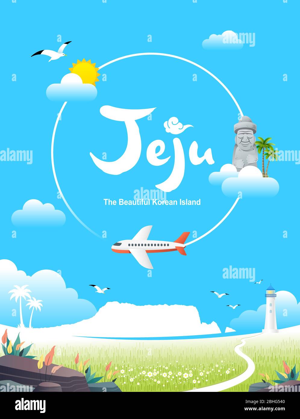 Belle île coréenne, Jeju. Ciel bleu et avion, excursion d'été sur l'île de Jeju. Illustration de Vecteur