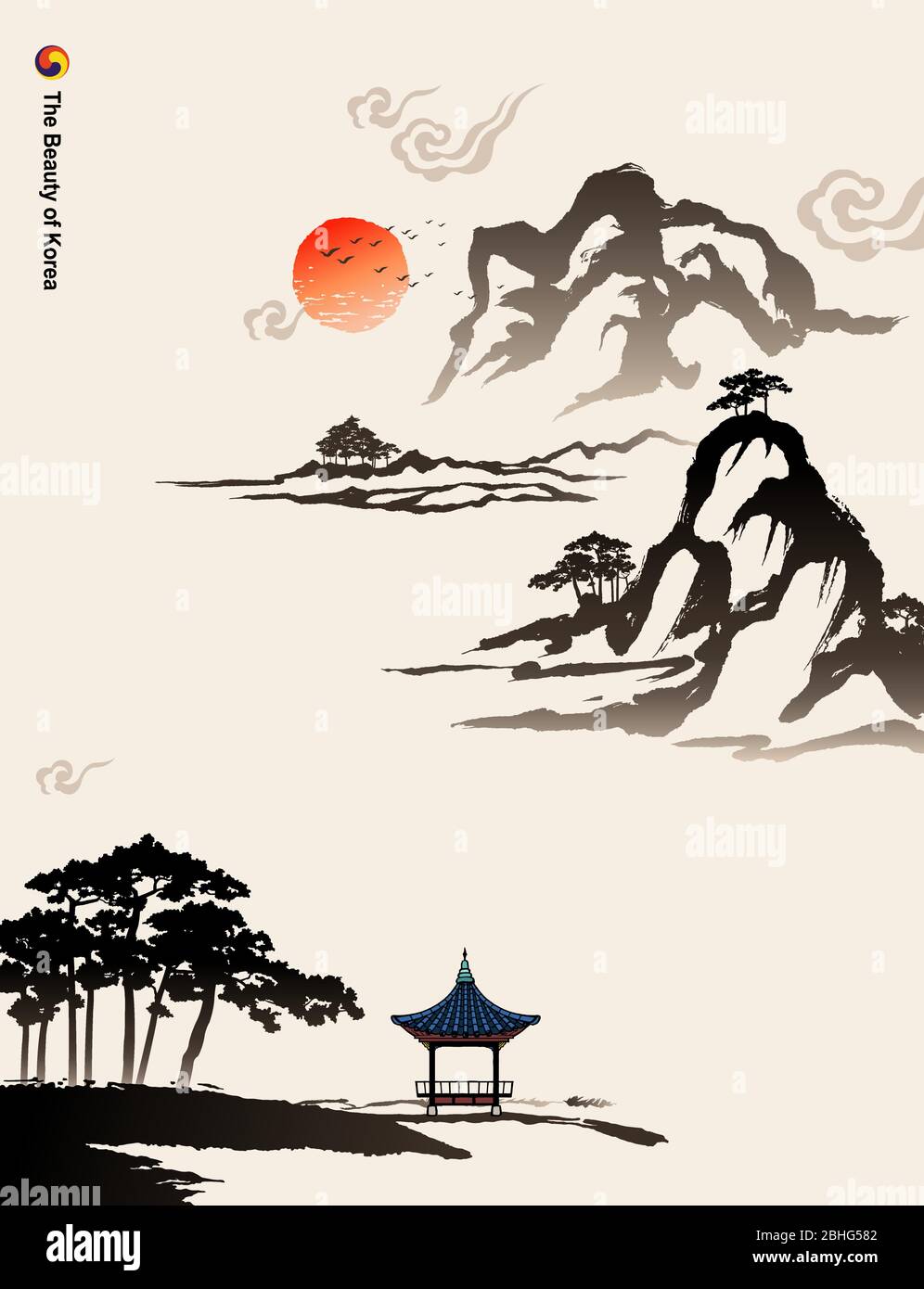 Belle Corée, montagnes, arbres, maisons, peinture à la brosse calligraphie, paysage naturel, illustration traditionnelle coréenne de vecteur de peinture. Illustration de Vecteur