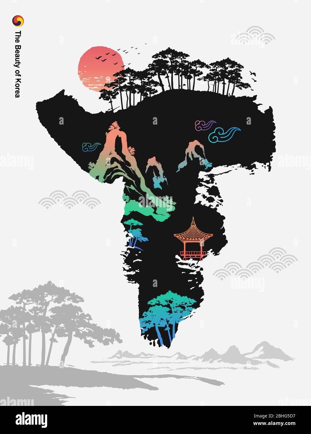 Belle Corée, montagnes, arbres, maisons, peinture à la brosse calligraphie, paysage naturel, illustration traditionnelle coréenne de vecteur de peinture. Illustration de Vecteur