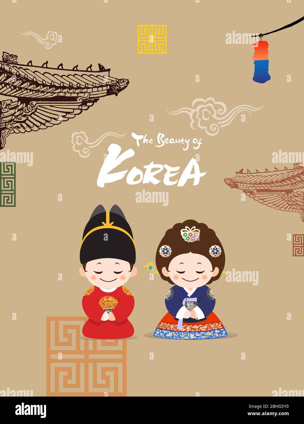 Belle Corée. Porter le roi et le grand hanbok, le palais traditionnel, le toit de hanok et les enfants coréens s'assoient. Illustration de Vecteur
