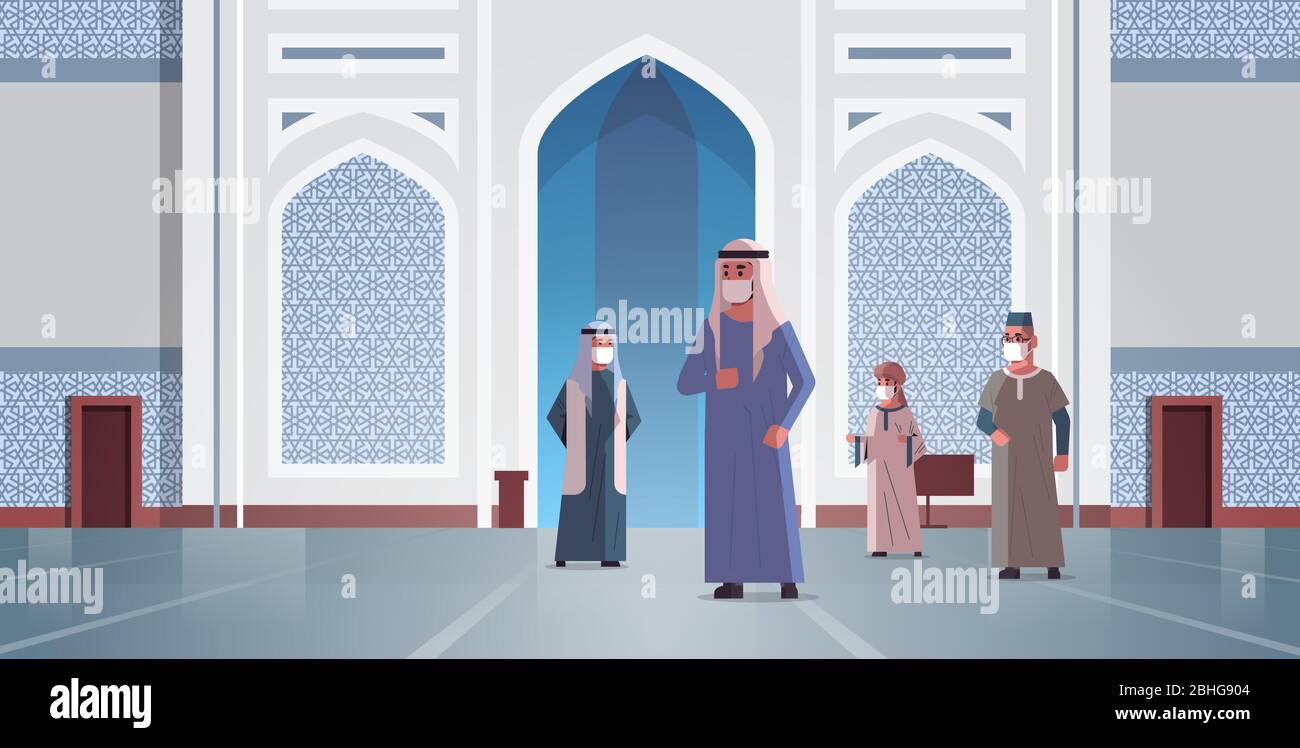 les hommes arabes dans les masques médicaux arrivant à la mosquée nabawi bâtiment quarantaine covid-19 quarantaine concept de pandémie personnes priant dans les vêtements traditionnels religion musulmane horizontale pleine longueur illustration vectorielle Illustration de Vecteur