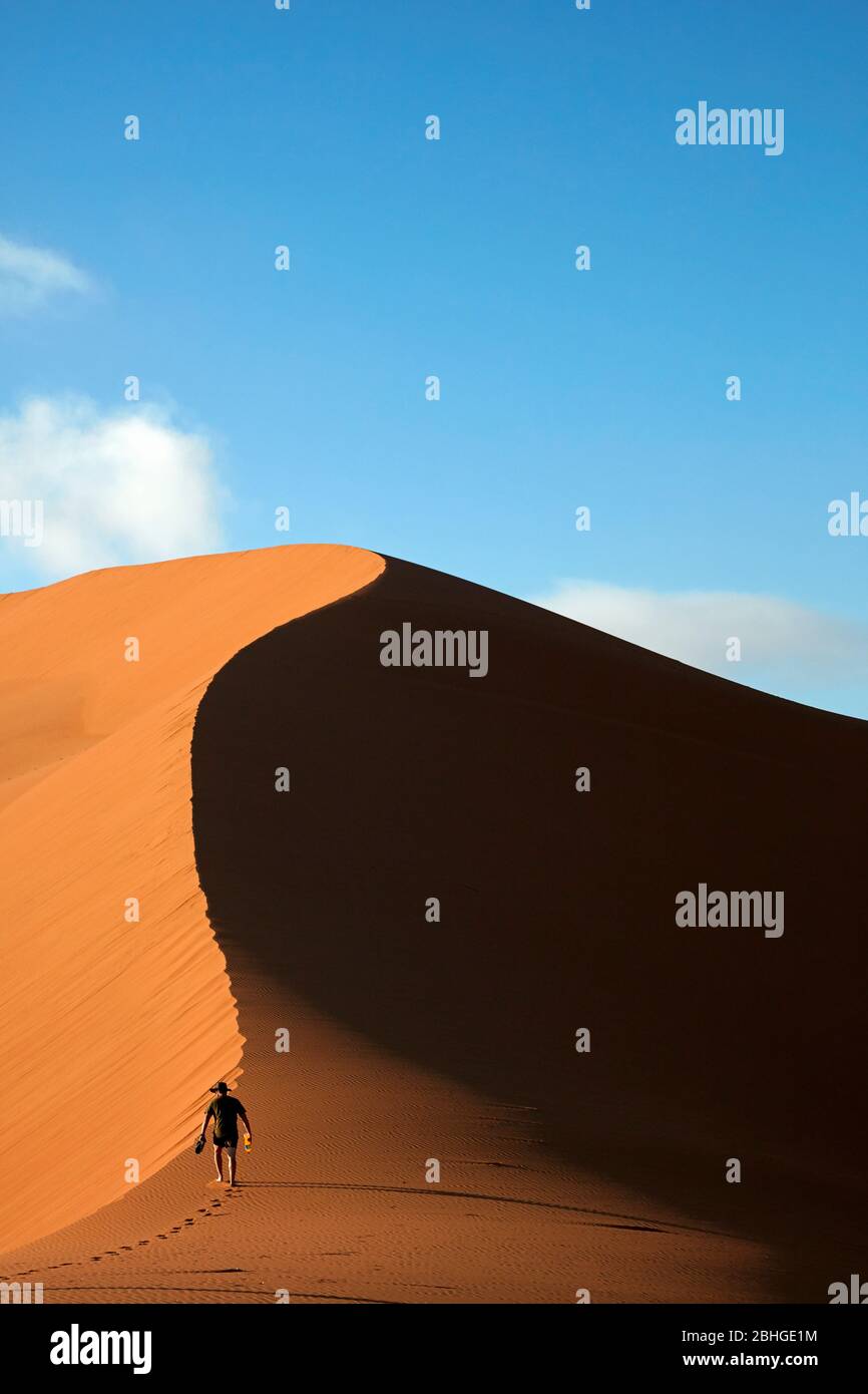 Personne grimpant sur une dune de sable à côté de Deadvlei, près de Sossusvlei, parc national du Namib-Naukluft, Namibie, Afrique Banque D'Images