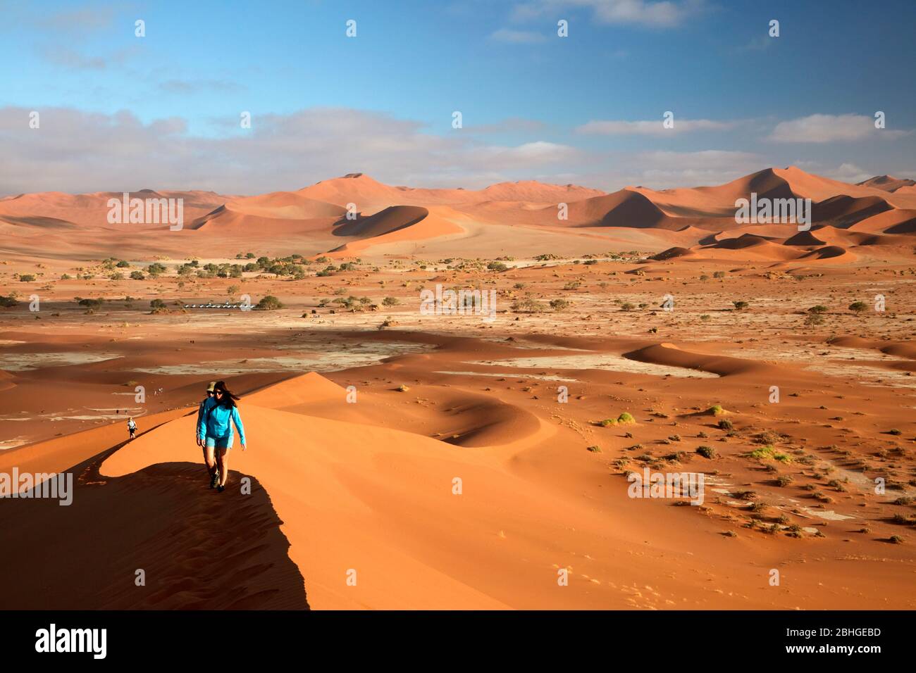 Les gens qui grimpent sur des dunes de sable à côté de Deadvlei, près de Sossusvlei, du parc national du Namib-Naukluft, Namibie, Afrique Banque D'Images