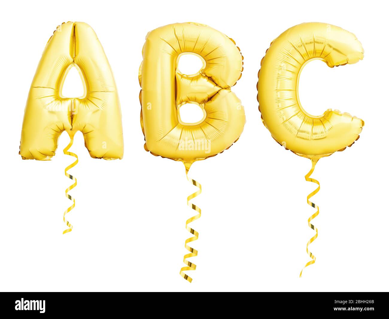 Lettres d'or ABC fait de ballons gonflables avec rubans isolés sur blanc Banque D'Images