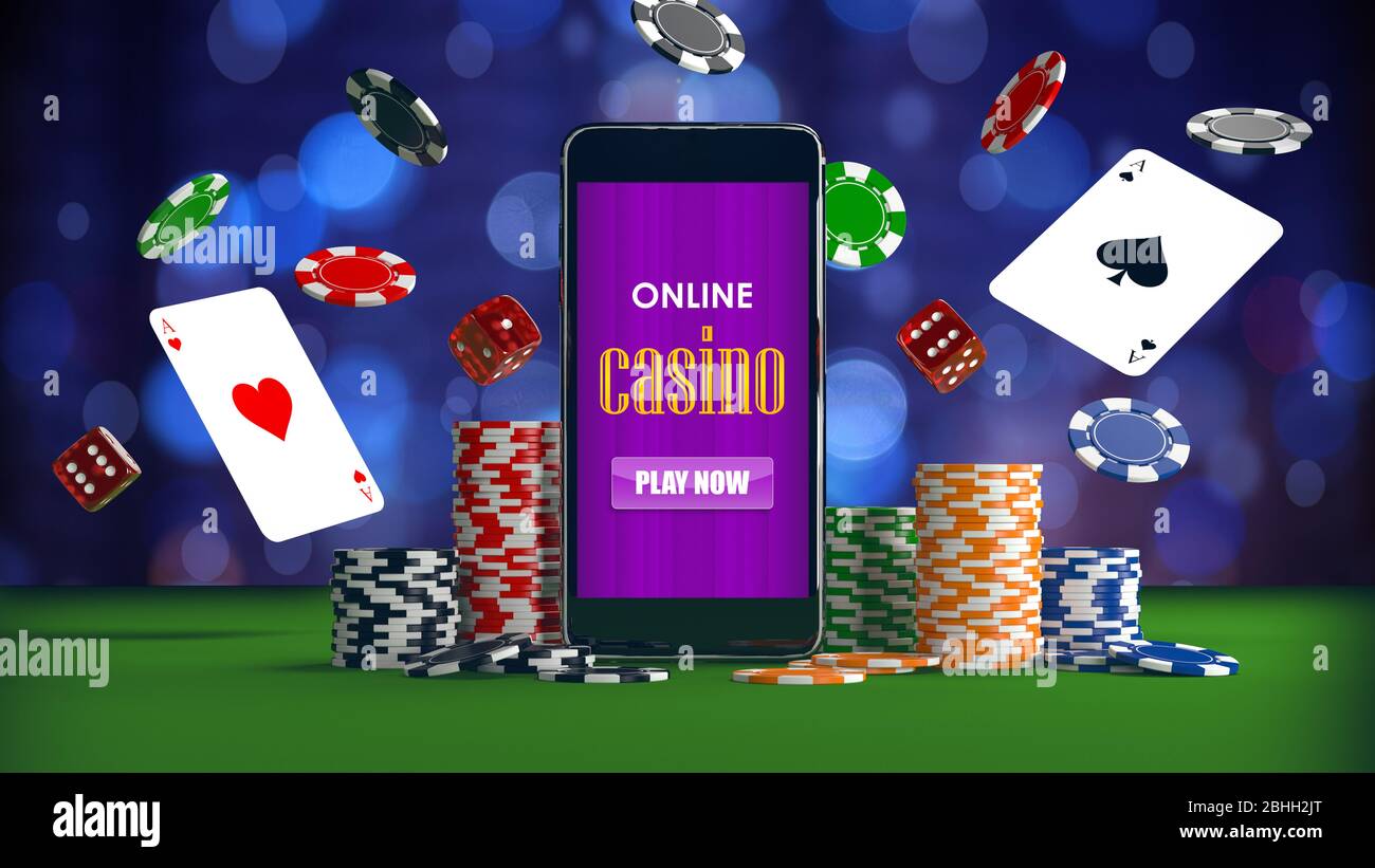 Concept de jeu de casino en ligne avec smartphone, jetons de poker et dés. illustration tridimensionnelle Banque D'Images