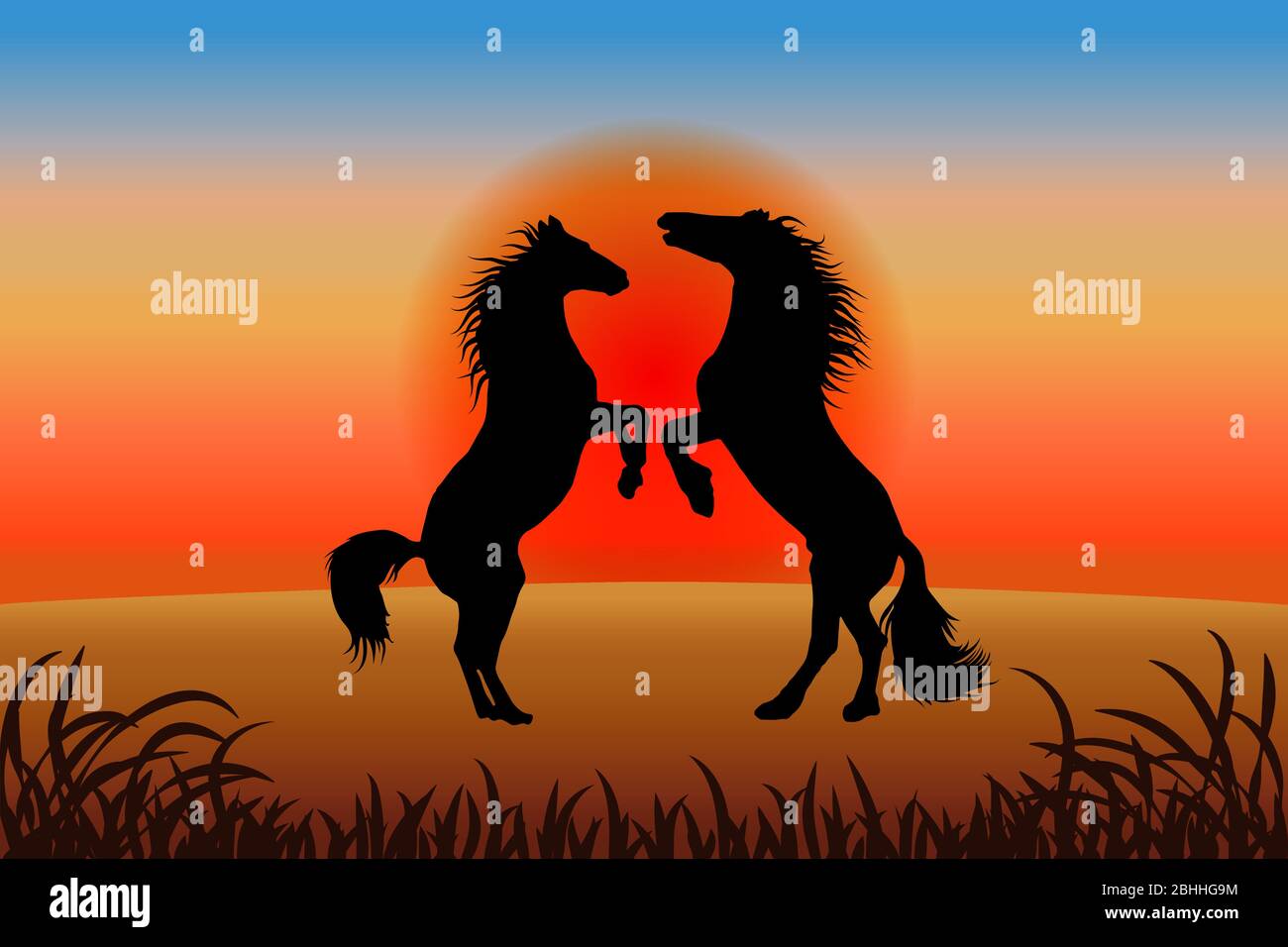 Un cheval romantique - deux tiges se sont élevées contre le coucher du soleil Illustration de Vecteur