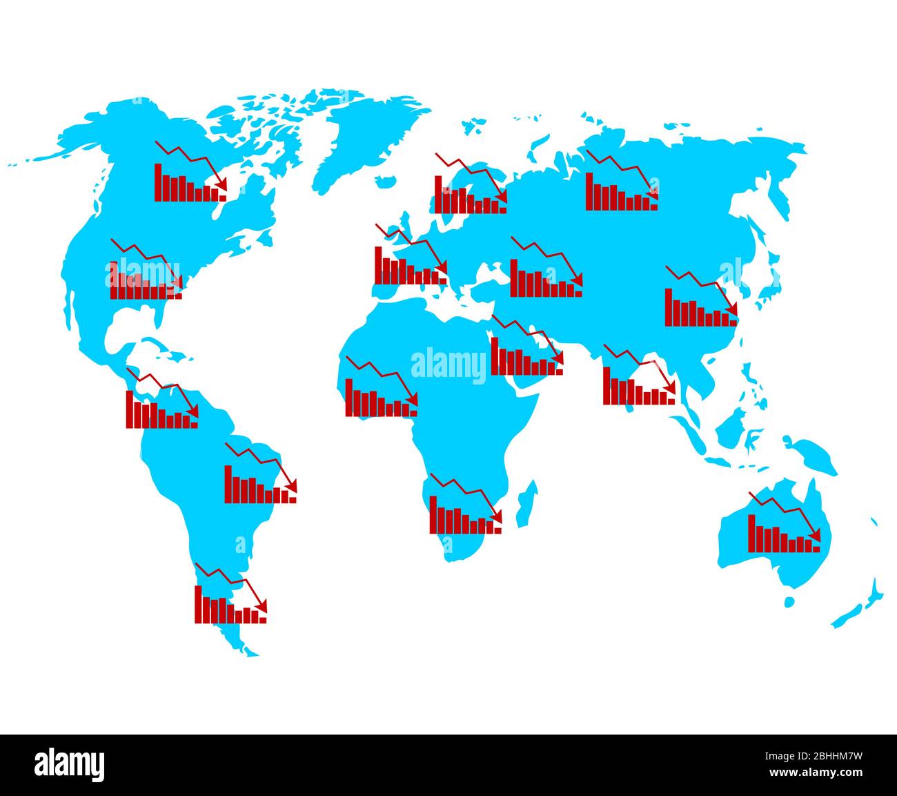 Carte mondiale avec tableau de déclin, crise mondiale et récession. Effet vectoriel de l'épidémie de commerce mondial, faillite et réduction, dépression à la baisse, marke boursier Illustration de Vecteur