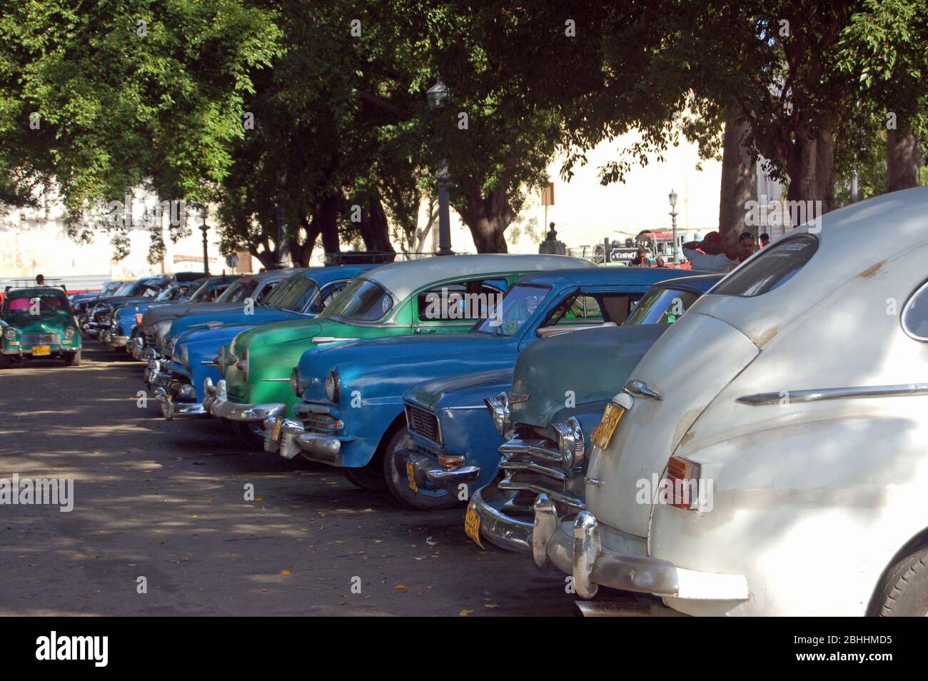 Voitures utilisées comme taxis de service stationnés à l'ombre de la Havane centrale, Cuba. Il y a encore de nombreuses voitures anciennes des années 1950 qui sont utilisées à Cuba. Banque D'Images