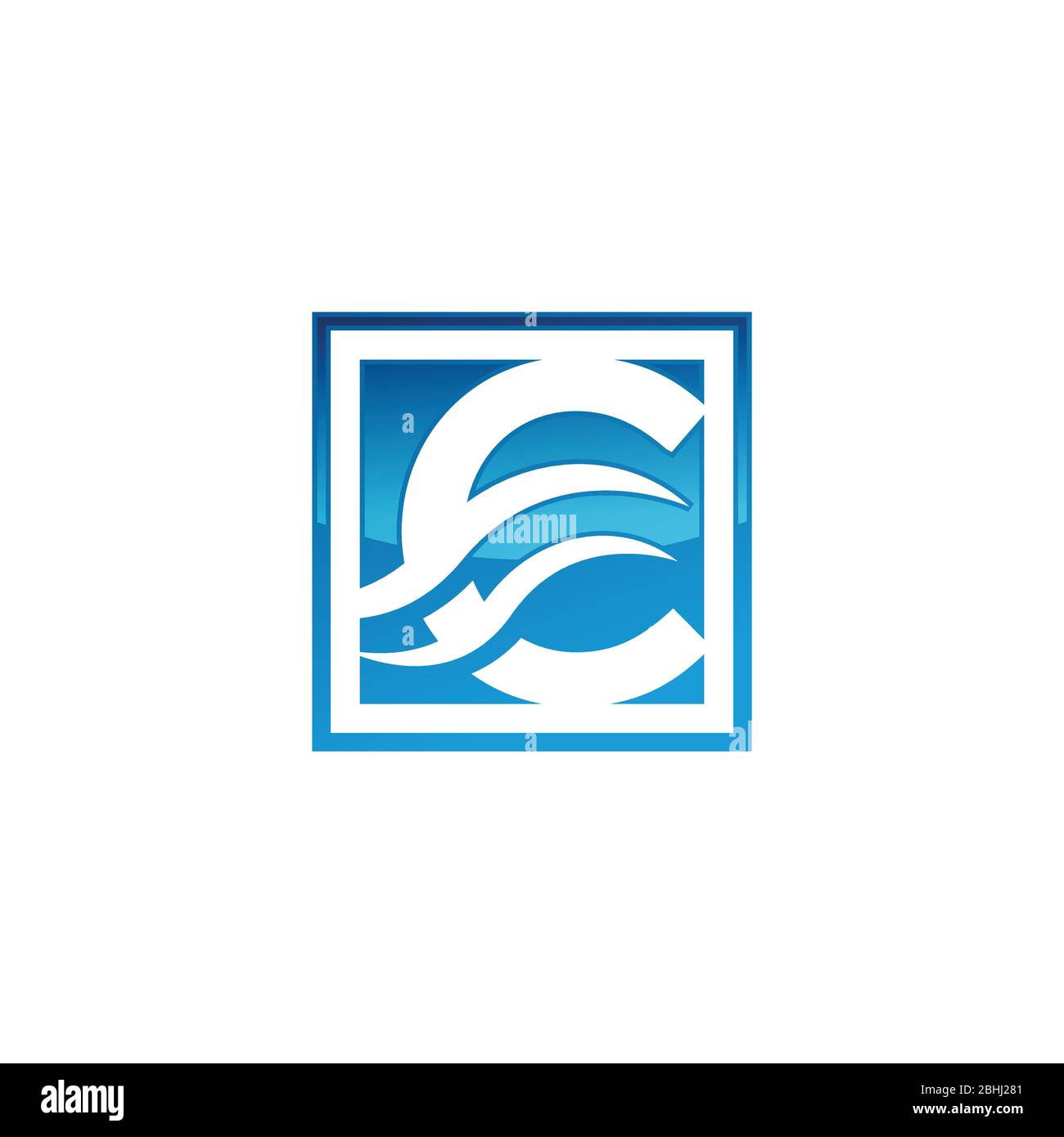 Lettre initiale de couleur bleue C avec icône de vagues à l'intérieur du modèle de logo de forme carrée image vectorielle de conception isolée sur un fond blanc Illustration de Vecteur