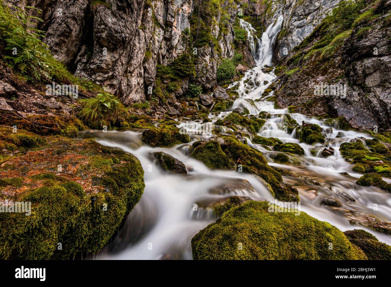 Italie Trentin - les chutes de Vallesinella sont divisées en trois parties et sont situées dans le groupe Brenta près de Madonna di Campiglio - la chute d'eau de Vallesinella supérieure Banque D'Images