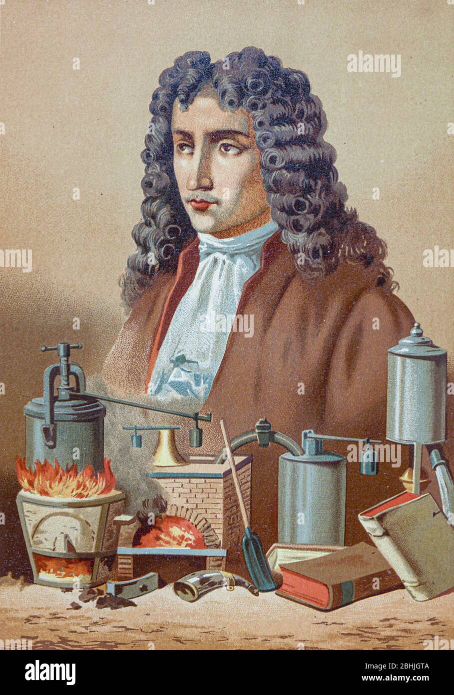 Denis Papin FRS [Dionisio Papin] (22 août 1647 – 26 août 1713) était un physicien français, mathématicien et inventeur, mieux connu pour son invention pionnière du digesteur à vapeur, le forteur du cuiseur à pression et du moteur à vapeur du livre la ciencia y sus hombres : vidas de los sabios ilustres desde la antigüedad hasta el siglo XIX T. 2 [Science et ses hommes: Vies des illustre sages de l'antiquité au 19ème siècle Vol 2] par Figier, Louis, (1819-1894); Casabó y Pagés, Pelegrín, n. 1831 publié à Barcelone par D. Jaime Seix, rédacteur en chef , 1879 (imprenta de Baseda y Banque D'Images