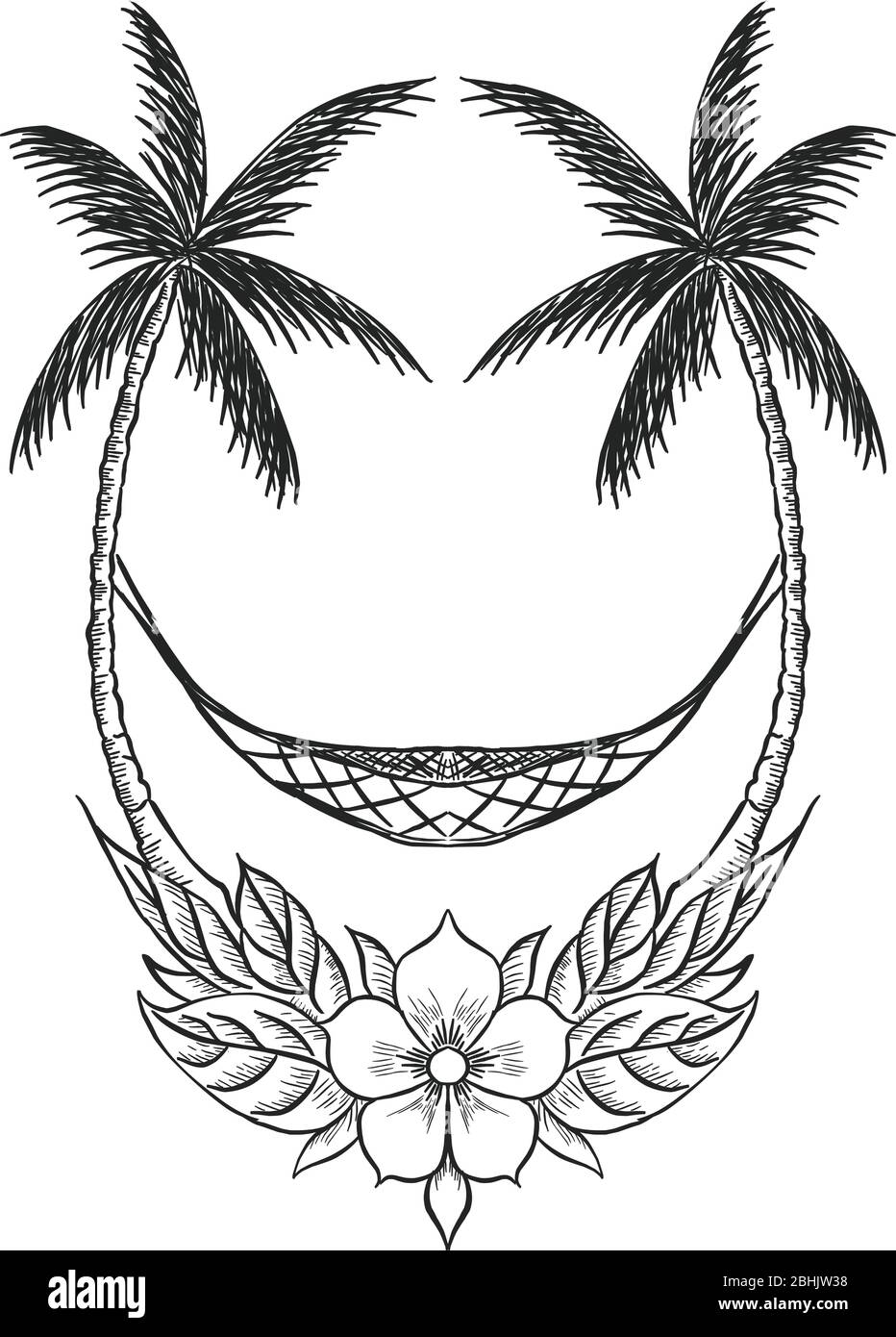 Silhouette de dessin paysage nature tropicale avec graphique, arbre de noix de coco, floral et swing pour la conception d'éléments. Meilleur emblème linéaire de dessin. Vecteur illus Illustration de Vecteur