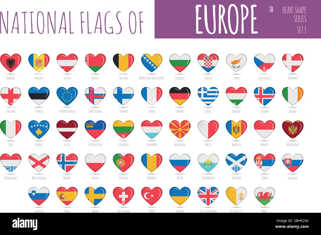 Ensemble de 56 drapeaux en forme de coeur des pays d'Europe. Illustration vectorielle de jeu d'icônes. Illustration de Vecteur