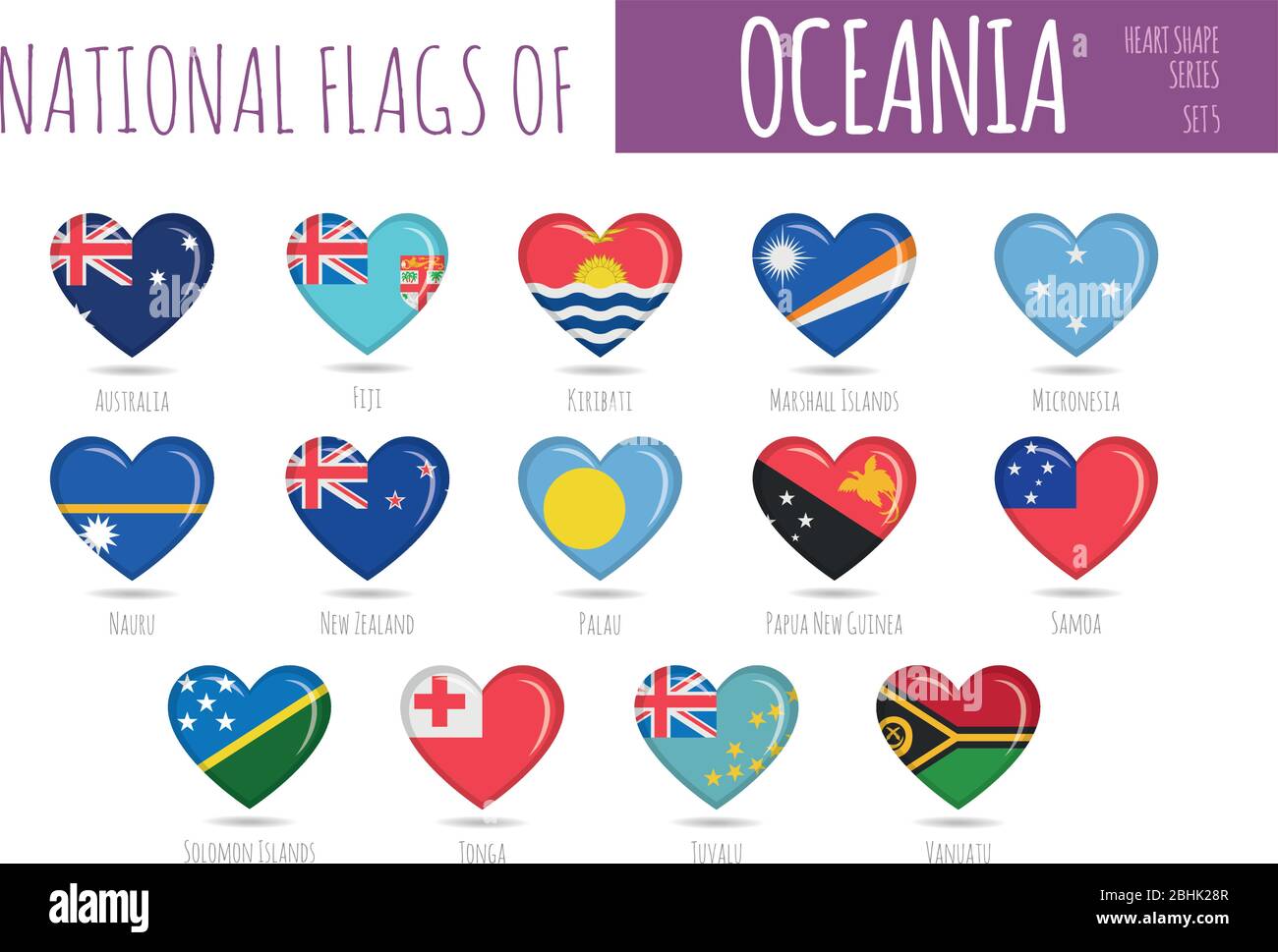 Ensemble de 14 drapeaux en forme de coeur des pays d'Océanie. Illustration vectorielle de jeu d'icônes. Illustration de Vecteur