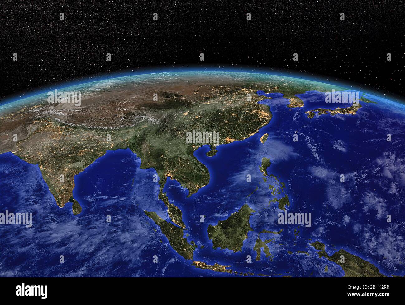 Asie du Sud vue de l'espace par nuit Banque D'Images