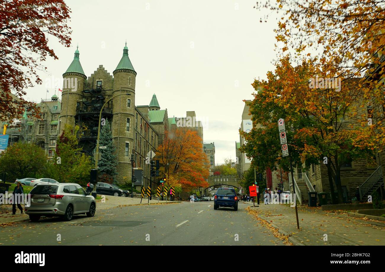 Montréal, Canada - le 27 octobre 2019 - la vue sur le trafic dans la ville qui donne sur les couleurs frappantes du feuillage d'automne Banque D'Images