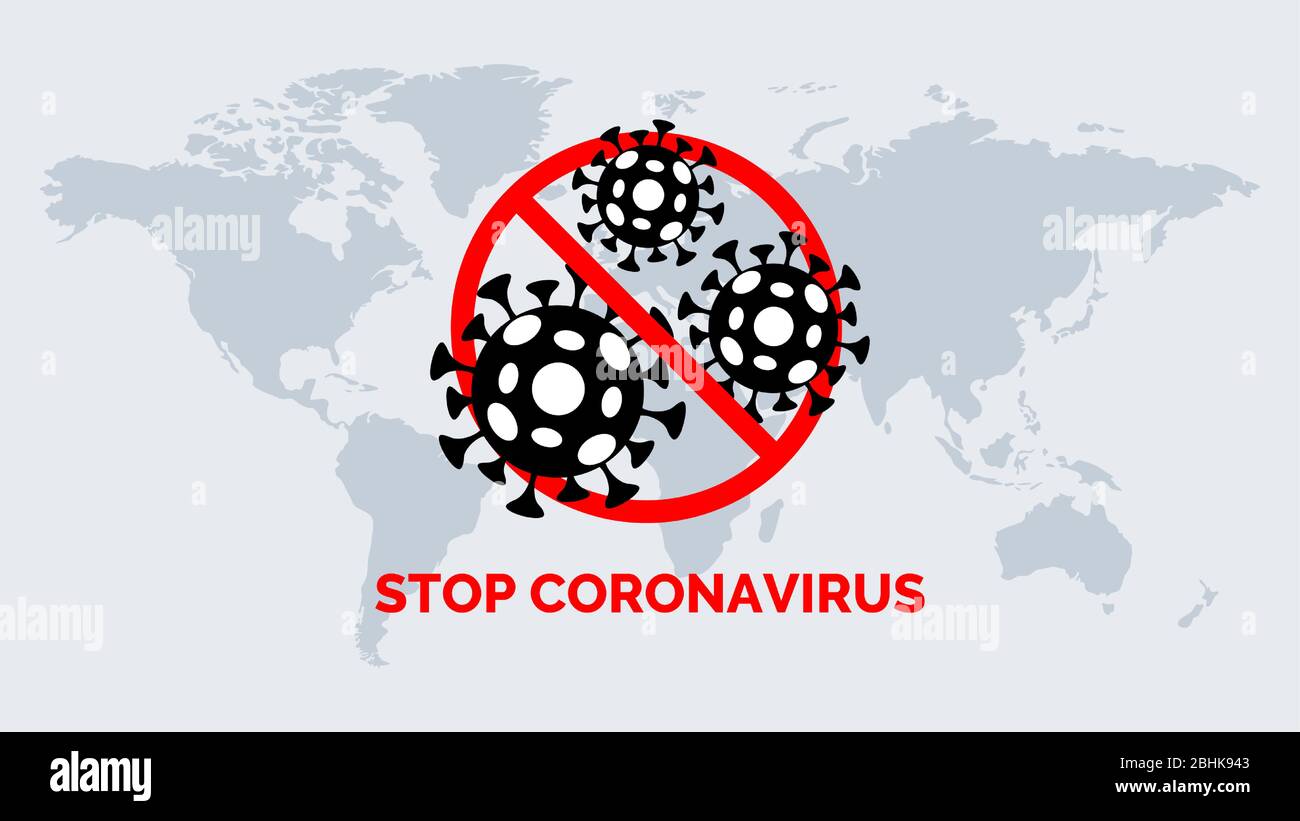 Concept de bannière vectorielle d'arrêt de Coronavirus. Illustration plate de la carte mondiale et de la cellule Covid-19 barrée. Quarantaine et auto-isolement, pandémie de grippe respiratoire pathogène de Chine 2019-ncov éclosion. Illustration de Vecteur