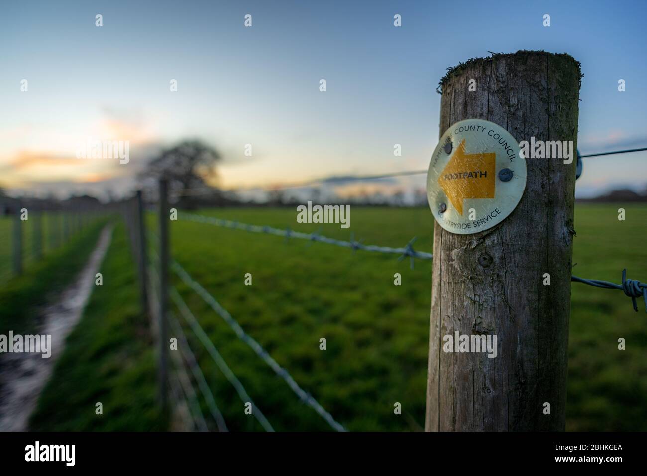 County Council and campagne Service signer sur un poteau en bois sur un sentier en soirée lumière, Hampshire, Royaume-Uni Banque D'Images