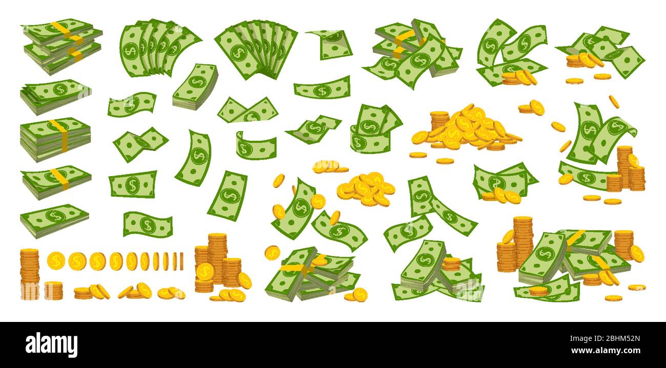 Pile de pièces d'argent plate dessin animé. Tas de pièces d'or, signe de devise bancaire en baisse. Des centaines de dollars de paquet en espèces, de la facture verte de pluie. Billets emballés, divers billets de banque volent. Illustration vectorielle isolée Illustration de Vecteur